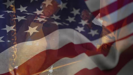 Animation-Einer-Amerikanischen-Flagge,-Die-über-Einem-Mann-Im-Hintergrund-Weht