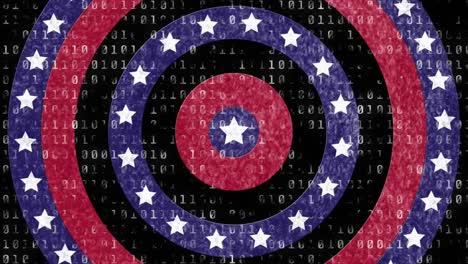 Animation-of-circles-spinning-with-American-flag--stars-and-stripes-with-binary-coding