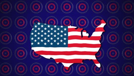 Animation-of-rows-of-circles-spinning-with-American-flag-stars-and-stripes-and-map-of-USA