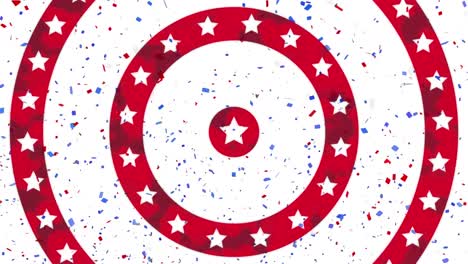 Animation-of-circles-spinning-with-American-flag--stars-and-stripes-with-confetti-falling