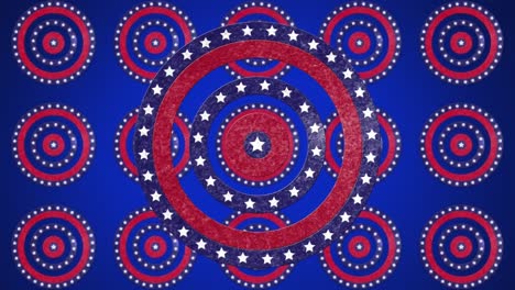 Animation-of-circle-on-rows-of-circles-spinning-with-American-flag--stars-and-stripes