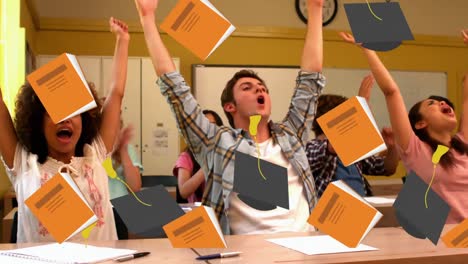 Book-and-graduation-caps-falling-against-group-of-students-celebrating-in-classroom