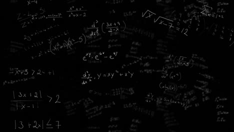 Mathematical-equations-moving-against-black-background