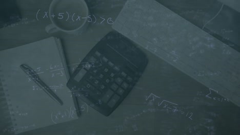 Mathematical-equations-against-calculator-falling-on-study-desk
