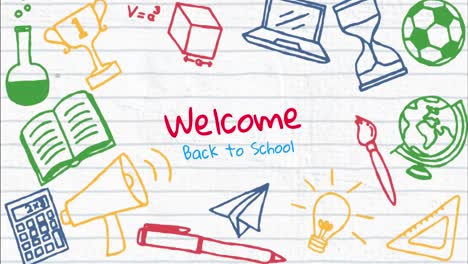 School-concept-icons-and-welcome-back-to-school-text-against-white-lined-paper
