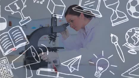 School-concept-icons-against-female-student-using-microscope-in-laboratory