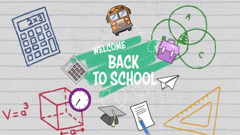 School-concept-icons-and-welcome-back-to-school-text-against-white-lined-paper