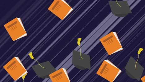 Graduation-hat-and-book-icon-falling-against-blue-background