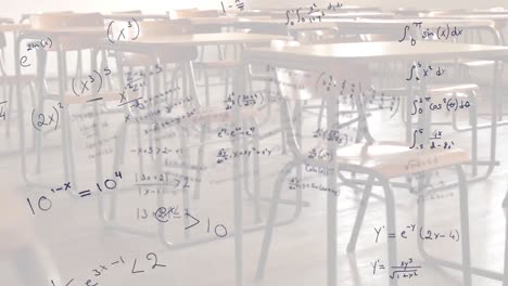 Mathematical-equations-moving-against-empty-classroom