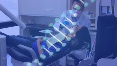 DNA-Struktur-Dreht-Sich-Gegen-Den-Zahnarzt,-Der-Eine-Patientin-Behandelt