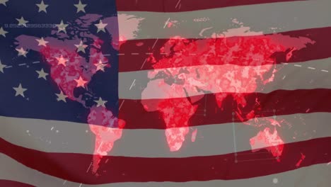 Covid-19-Infektion-Breitet-Sich-über-Die-Weltkarte-Aus,-Während-Die-US-Flagge-Schwenkt