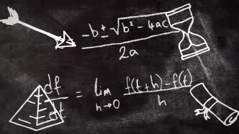Schulkonzeptsymbole-Und-Mathematische-Gleichungen-Gegen-Die-Tafel