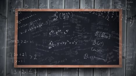Mathematical-equations-moving-against-black-board-on-wooden-background