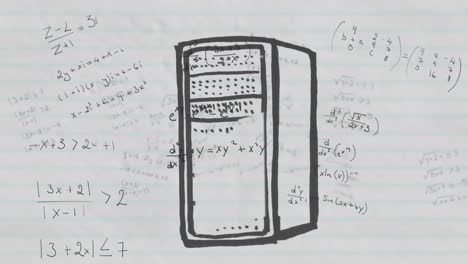 Computer-server-against-mathematical-equations-on-white-lined-paper