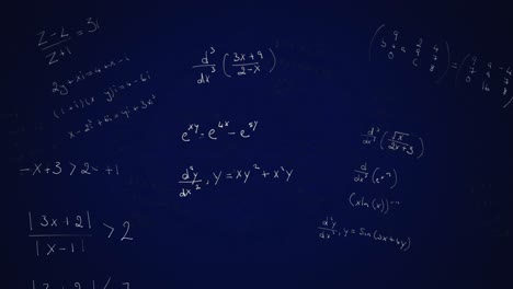 Mathematical-equations-moving-against-blue-background