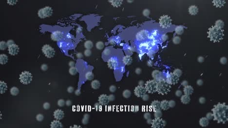 Covid-19-Infektion-Steigender-Text-Und-Pfeile,-Die-Sich-Nach-Oben-Gegen-Die-Weltkarte-Bewegen