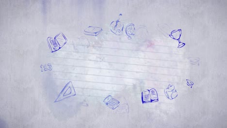 School-concept-icons-over-white-lined-paper-against-grey-background