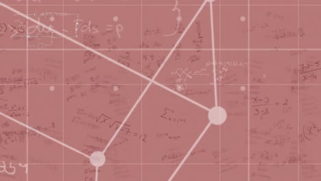 Cube-spinning-over-grid-lunes-against-mathematical-equations-on-pink-background