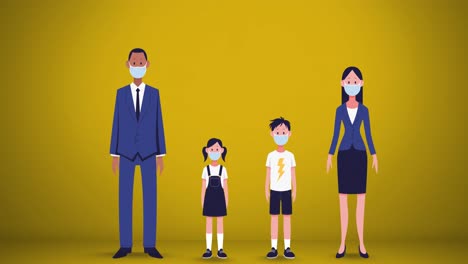 Family-wearing-face-masks-icon-against-yellow-background