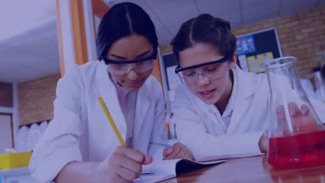 Molecule-structures-moving-against-two-female-students-taking-notes-in-laboratory