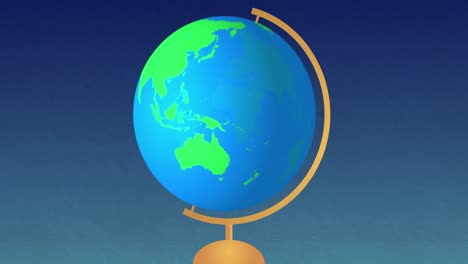 Animation-Eines-Globus,-Der-Sich-Auf-Einem-Ständer-Vor-Blauem-Hintergrund-Dreht