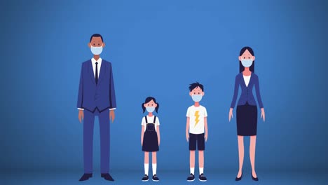 Family-wearing-face-masks-icon-against-blue-background