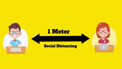 School-girl-and-School-boy-icons-maintaining-1-meter-social-distance-against-yellow-background