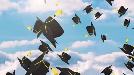Animation-of-graduation-hats-falling-against-blue-sky