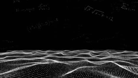 Mathematical-equations-floating-against-digital-waves-on-black-background