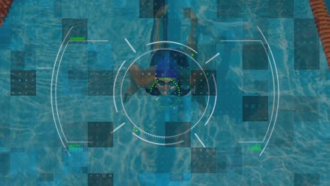 Digital-interface-with-scope-scanning-data-processing-over-woman-swimming-in-pool