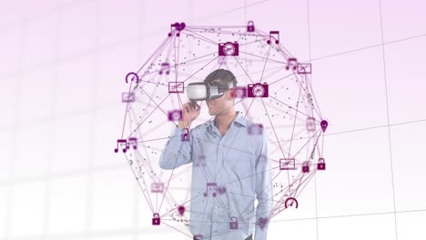 Welt-Des-Netzwerks-Von-Verbindungen-Gegen-Den-Menschen,-Der-Ein-VR-Headset-Verwendet
