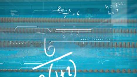 Mathematical-equations-floating-against-male-swimmer-swimming-in-the-pool