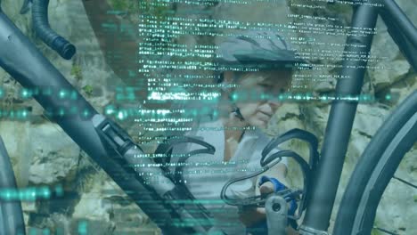 Data-processing-over-female-cyclist-looking-at-her-bike