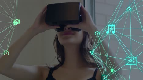 Welt-Des-Netzwerks-Von-Verbindungen-Gegen-Frauen,-Die-Ein-VR-Headset-Verwenden