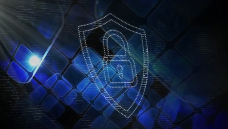 Security-padlock-icon-and-multiple-square-shapes-moving-against-black-background