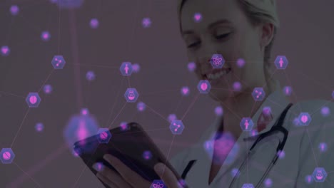 Symbole-Und-Netzwerk-Von-Verbindungen-über-Ärztin-Mit-Digitalem-Tablet