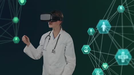 Medizinische-Symbole-Und-Netzwerk-Von-Verbindungen-Mit-Einer-Ärztin,-Die-Ein-VR-Headset-Trägt