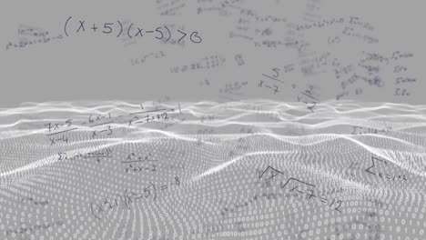 Mathematical-equations-floating-against-digital-wave-on-grey-background