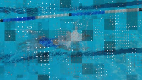 White-dots-moving-against-male-swimmer-swimming-in-pool