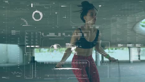 Digital-interface-with-data-processing-against-woman-skipping-on-skipping-rope