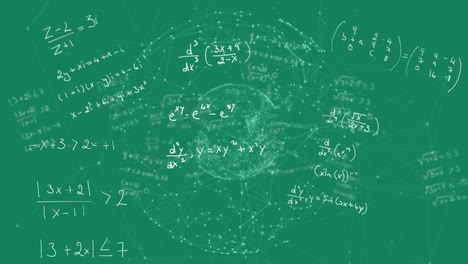 Mathematical-equations-floating-against-globe-of-network-of-connections-on-green-background