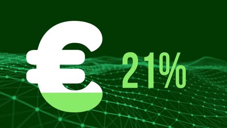 Euro-currency-symbol-and-increasing-percentage-against-digital-wave-on-green-background
