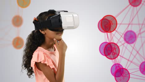 Welt-Des-Netzwerks-Von-Verbindungen-Gegen-Mädchen,-Die-Ein-VR-Headset-Verwenden