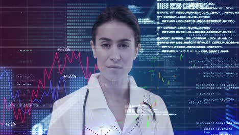 Data-processing-over-female-doctor-against-blue-background