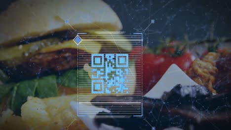 Animation-of-blue-QR-code-with-web-connections-over-fast-food-meal