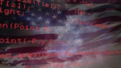 Glühende-Rote-Computerdatenverarbeitung-über-Der-Amerikanischen-Flagge,-Die-über-Wolken-Am-Himmel-Im-Hintergrund-Weht