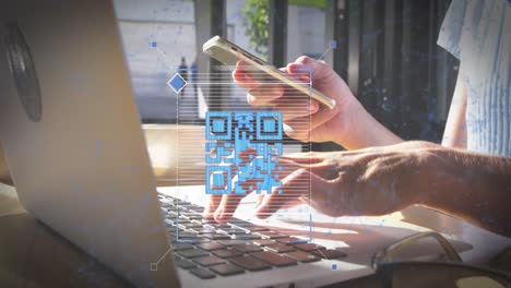 Animation-of-blue-QR-code-scanning-with-web-connections-over-woman