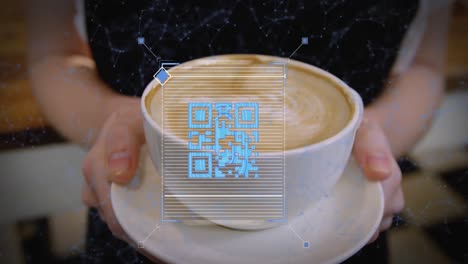 Animation-Von-QR-Code-Mit-Webverbindung-über-Einer-Frau,-Die-Eine-Tasse-Kaffee-Hält