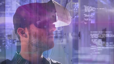 Mann-Trägt-VR-Headset-über-Netzwerk-Von-Computerservern-Und-Datenverarbeitung-Im-Hintergrund