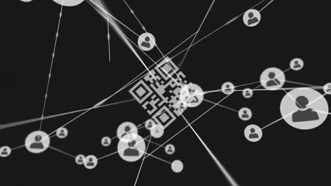 Animation-Von-QR-Code-über-Einem-Verbindungsnetz-Mit-Kreisen-Und-Sozialen-Symbolen